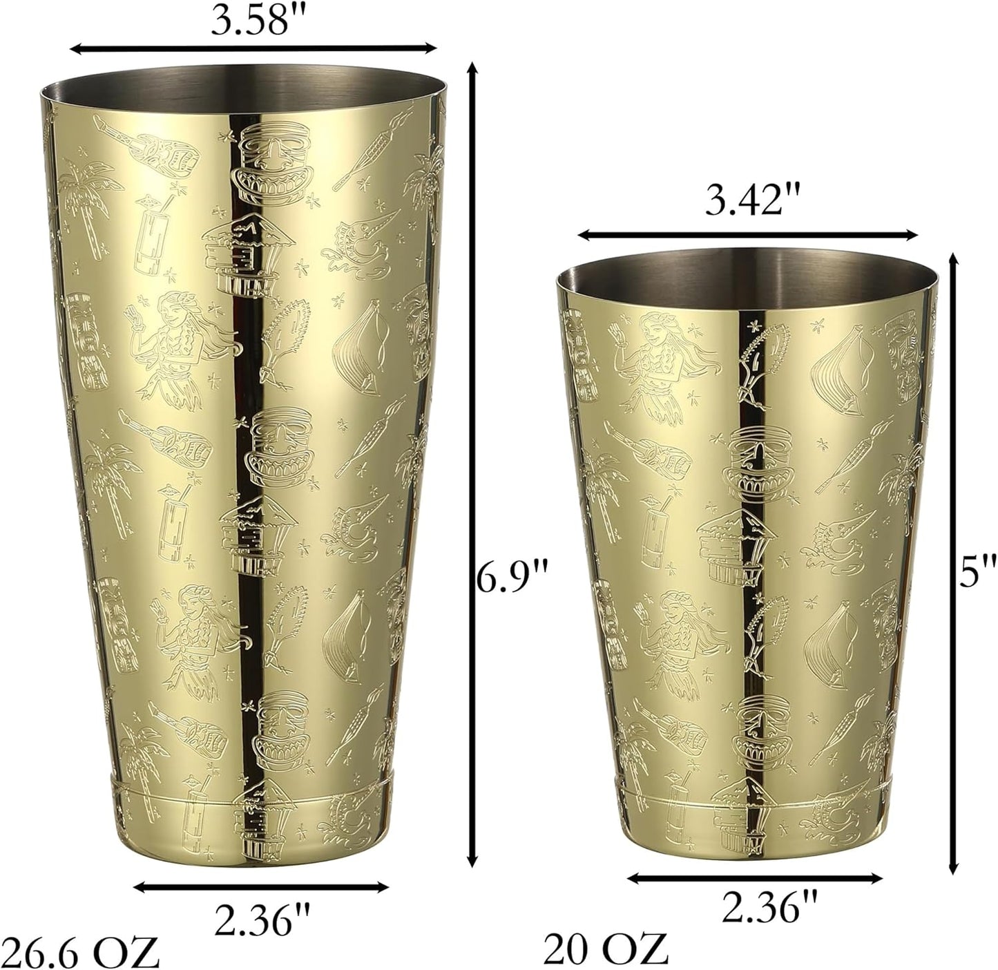 Weighted Boston Shaker Cocktail Shaker Etched with Tiki Imagery (Gold Tiki Graphic)