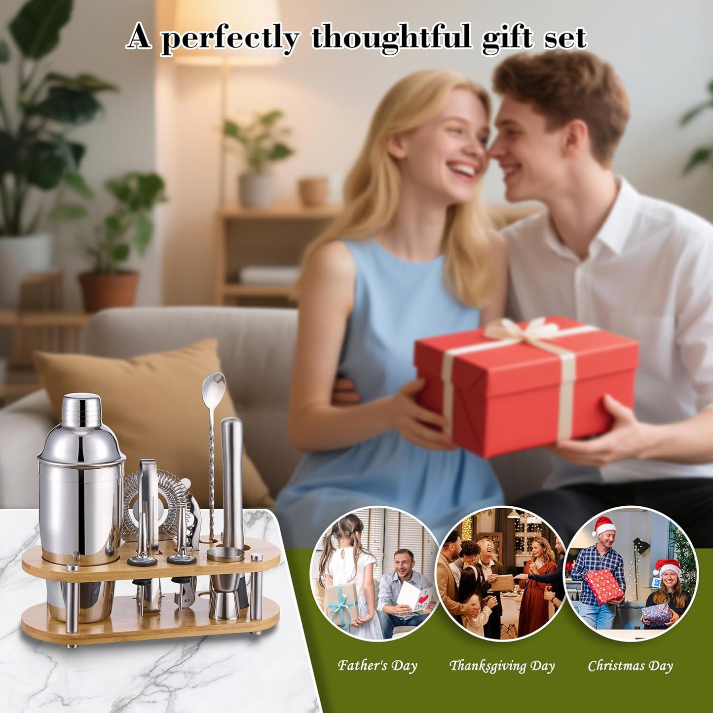 Cocktail Shaker Set Bartender Kit - 11 Pcs Bar Tool Set with Bamboo Stand & All Bar Accessories: Martini Shaker, Strainer,Jigger, Muddler, Mixer Spoon Barware Kit, for Bar, Home Lounge & Party