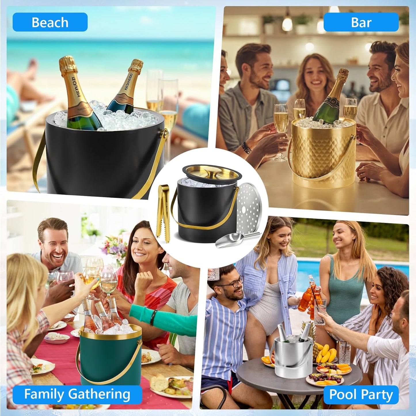 4L Ice Bucket, Ice Bucket with Silicone Sealing Ring Double-wall Vacuum Insulation Champagne Buckets with Filter Layer Ice Tongs Ice Scoop (Silver)