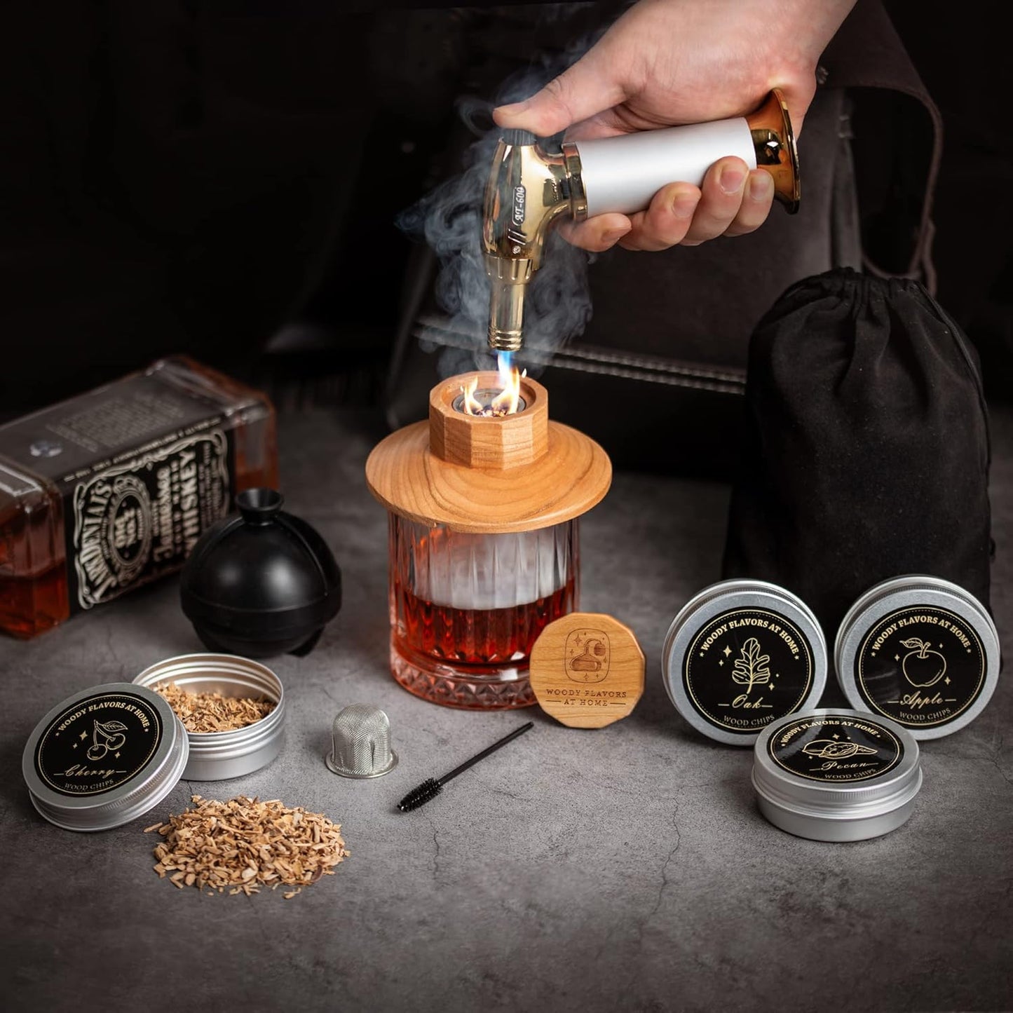 Cocktail Smoker Kit – Drink Smoker Bartender Kit with Torch, Sphere Ice Molds, Aromatic Wood Chips – Professional Bourbon Smoker Kit for Cocktails, Whiskey. No Butane (STD)