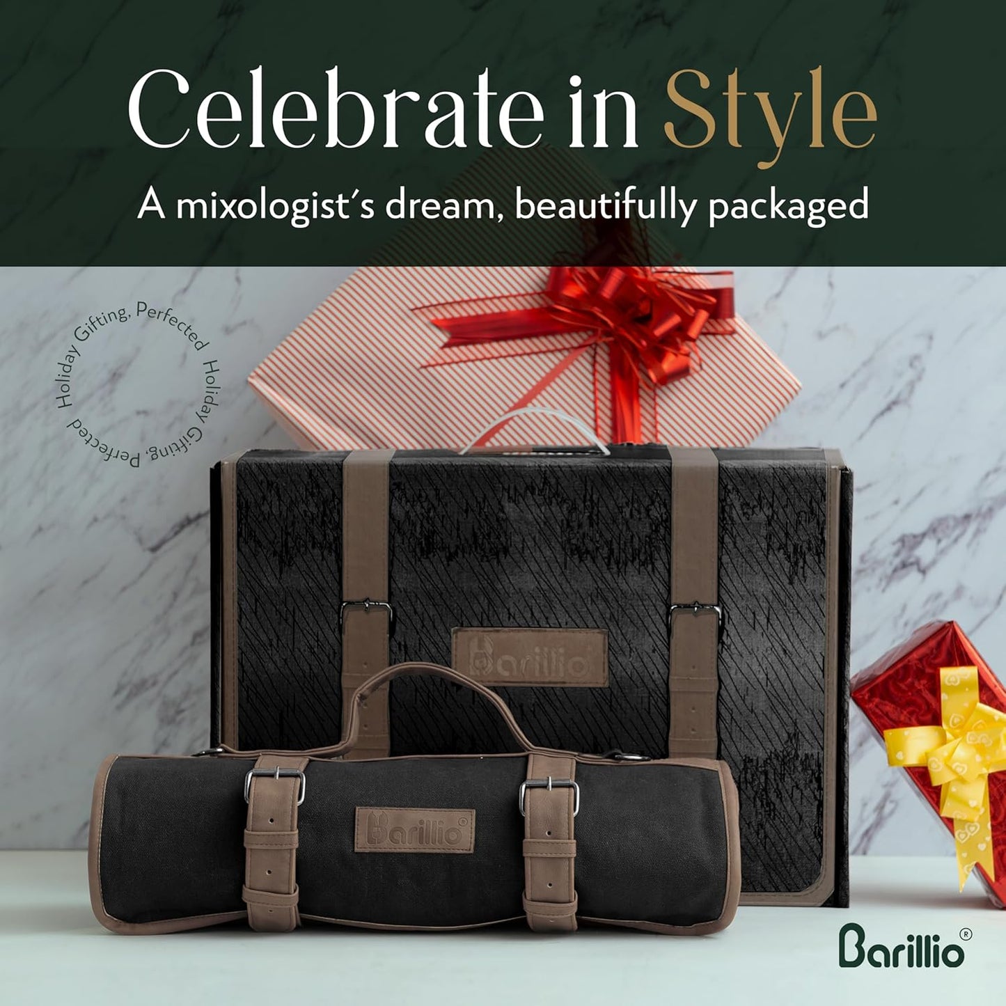 Barillio Bartender Kit Bag with Gold Cocktail Shaker Set - Waxed Canvas, Traveling Bar Tools Bag with 17-Pc Cocktail Kit - Travel Mixology Bartending Kits - Mobile Bar Roll with Strap & Accessories