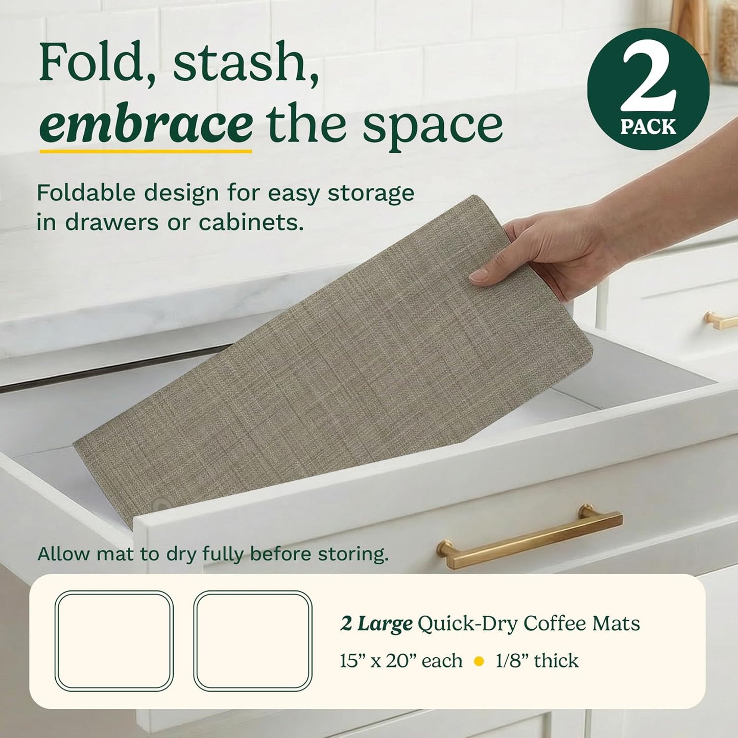 Cuisinart Coffee Mat for Countertop (2 Pack)–Quick-Dry Absorbent Coffee Bar Mat for Espresso Machines & Brew Stations, Also Use as a Dish Drying Mat on Kitchen Counter, Non-Slip, Easy Care, 15” x 20”