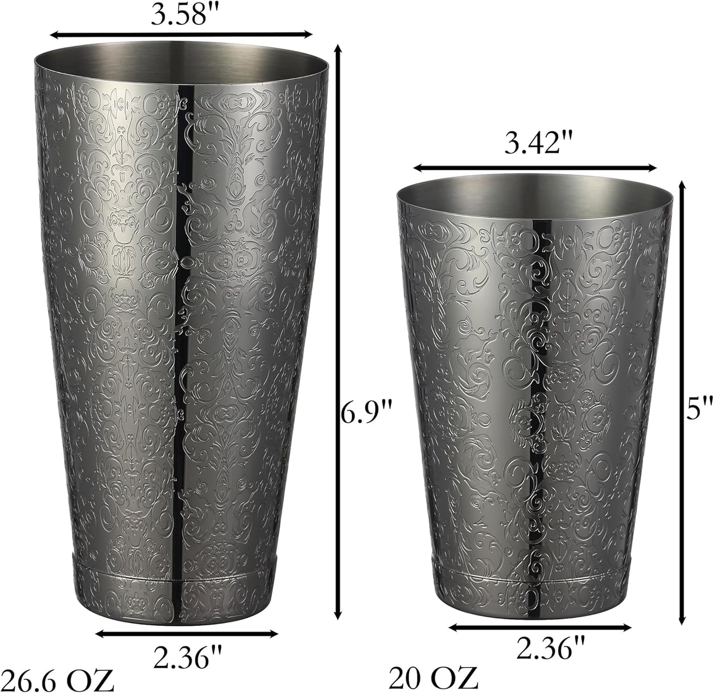 Stainless Steel Boston Shaker with Etched Pattern Weighted Shaking Tin Set (Spirit Gunmetal Black)