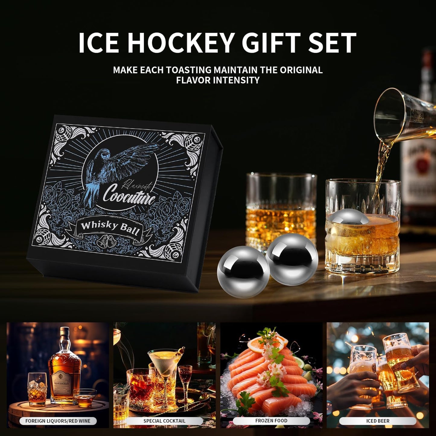 Whiskey Balls Set of 4 Reusable Stainless Steel Metal Ice Sphere Cubes Beverage Chilling Rocks Whiskey Stones Gifts for Men Him Husband from Wife