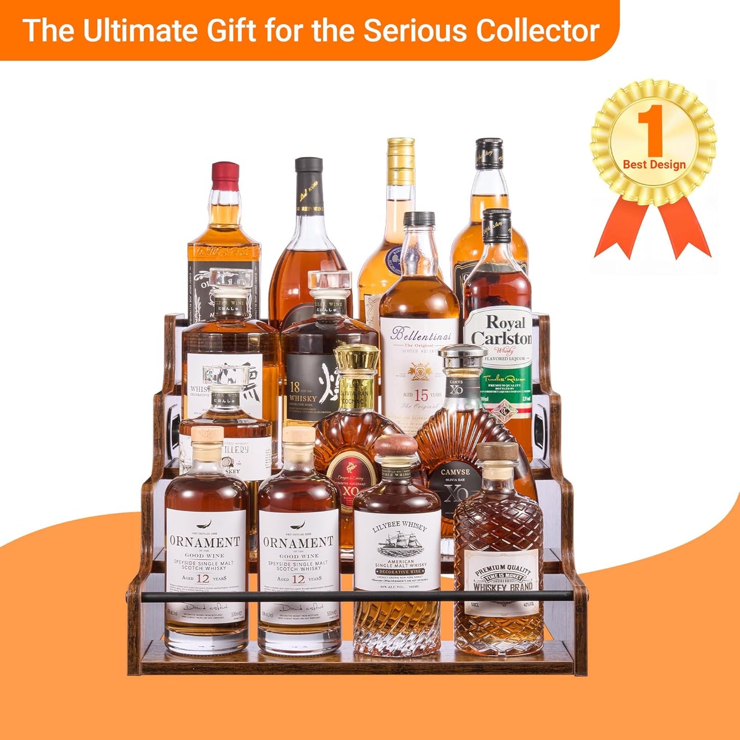 YQBRAO 4-Tier Tiered Liquor Bottle Display Shelf - 16-Inch Rustic Wood Liquor Rack & Coffee Syrup Organizer - Heavy-Duty Countertop Spice Rack with Guardrails & Handles for Bar, Kitchen, Office
