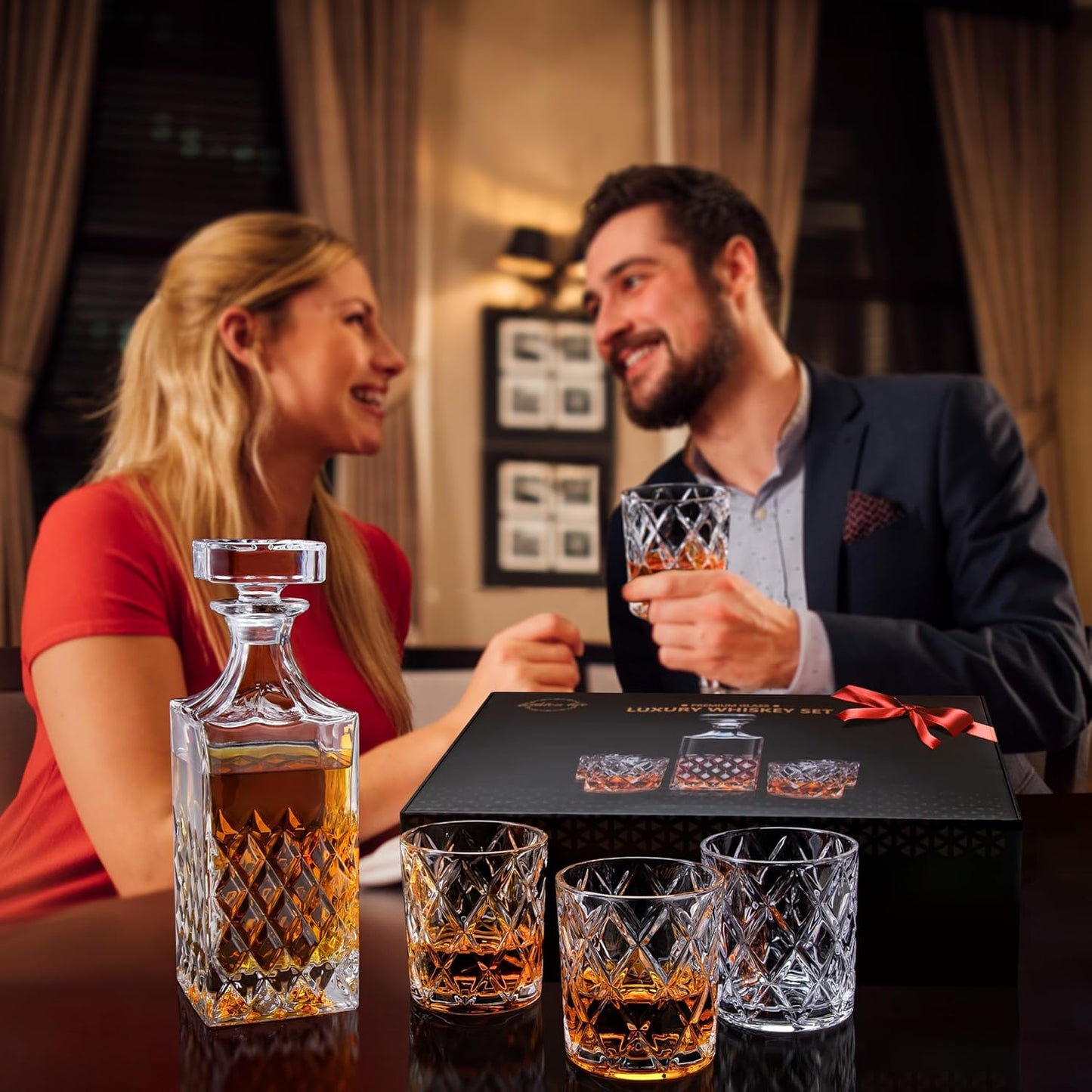 LIGHTEN LIFE Whiskey Decanter Set, Italian Crystal Decanter with 4 Whiskey Glasses in Gift Box - Bourbon Decanter for Scotch, Liquor - Birthday, Anniversary Bourbon Gifts for Men, Dad, Husband