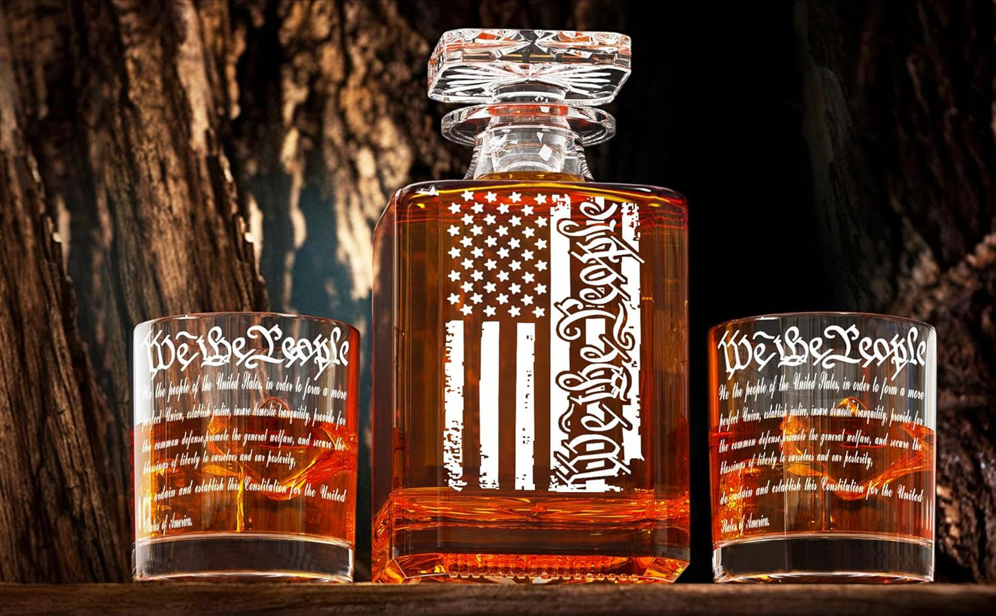 Whiskey Decanter Engraved We The People American Flag Decanter Set with 2 Glasses for Liquor Scotch Bourbon or Wine, Father's Day Patriotic Gift, 250 Anniversary Whiskey Bottle
