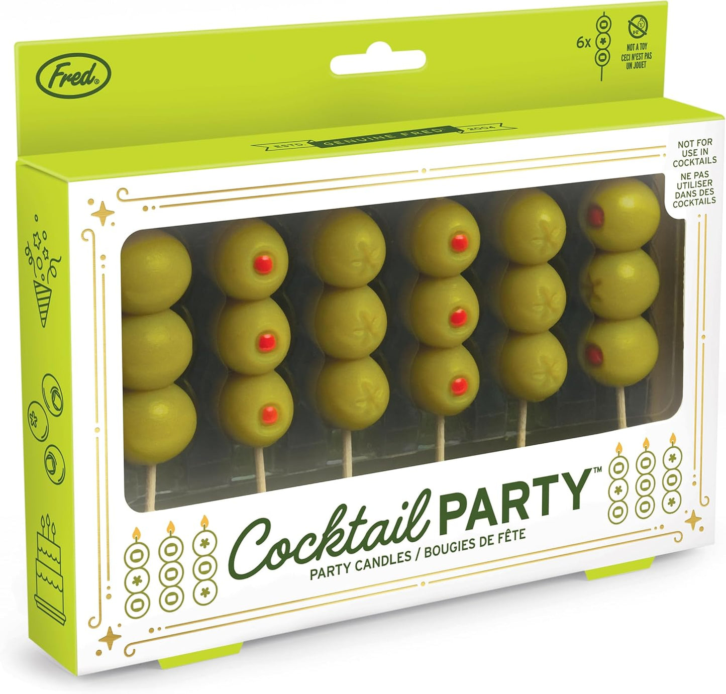 Genuine Fred Cocktail Party Olive Birthday Candles – Set of 6 Martini Olive Celebration Candles with Wooden Picks – Fun Decoration for Parties, Birthdays, and Happy Hour