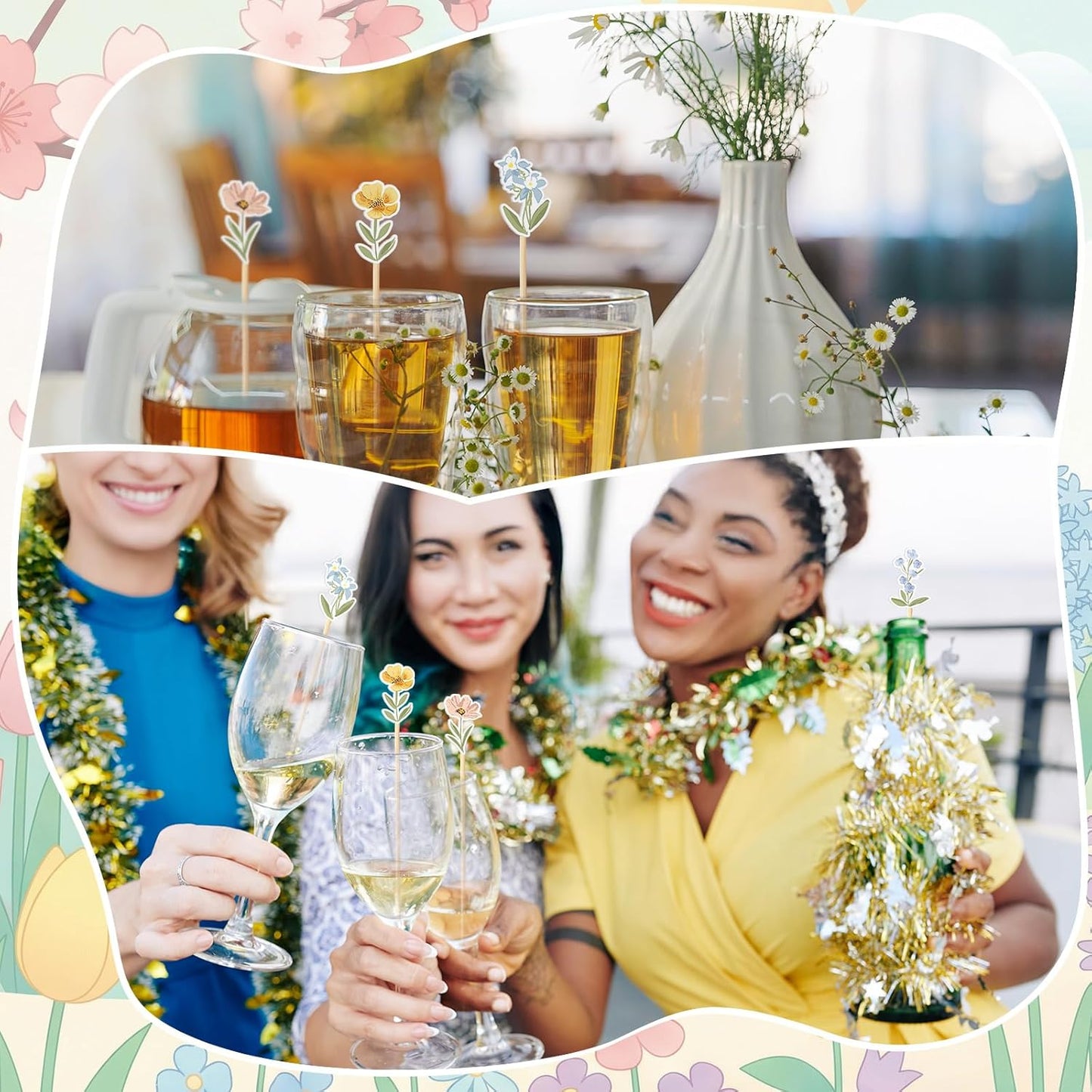 Bokon 200 Pcs Wildflower Cocktail Picks Long Spring Flower Bamboo Toothpicks Wildflower Party Supplies Drink Fruit Appetizers Decoration Skewer Stick for Baby Showe Shower Wedding Valentines Supplies