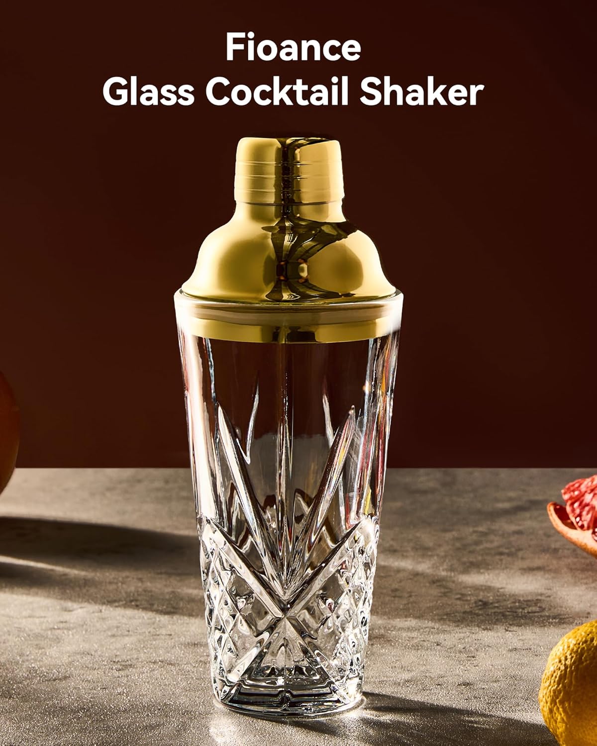 15oz Gold Lid Crystal Cocktail Shaker, Lead-Free Glass with #304 Steel Strainer, Leak-Proof Barware for Home Bartenders