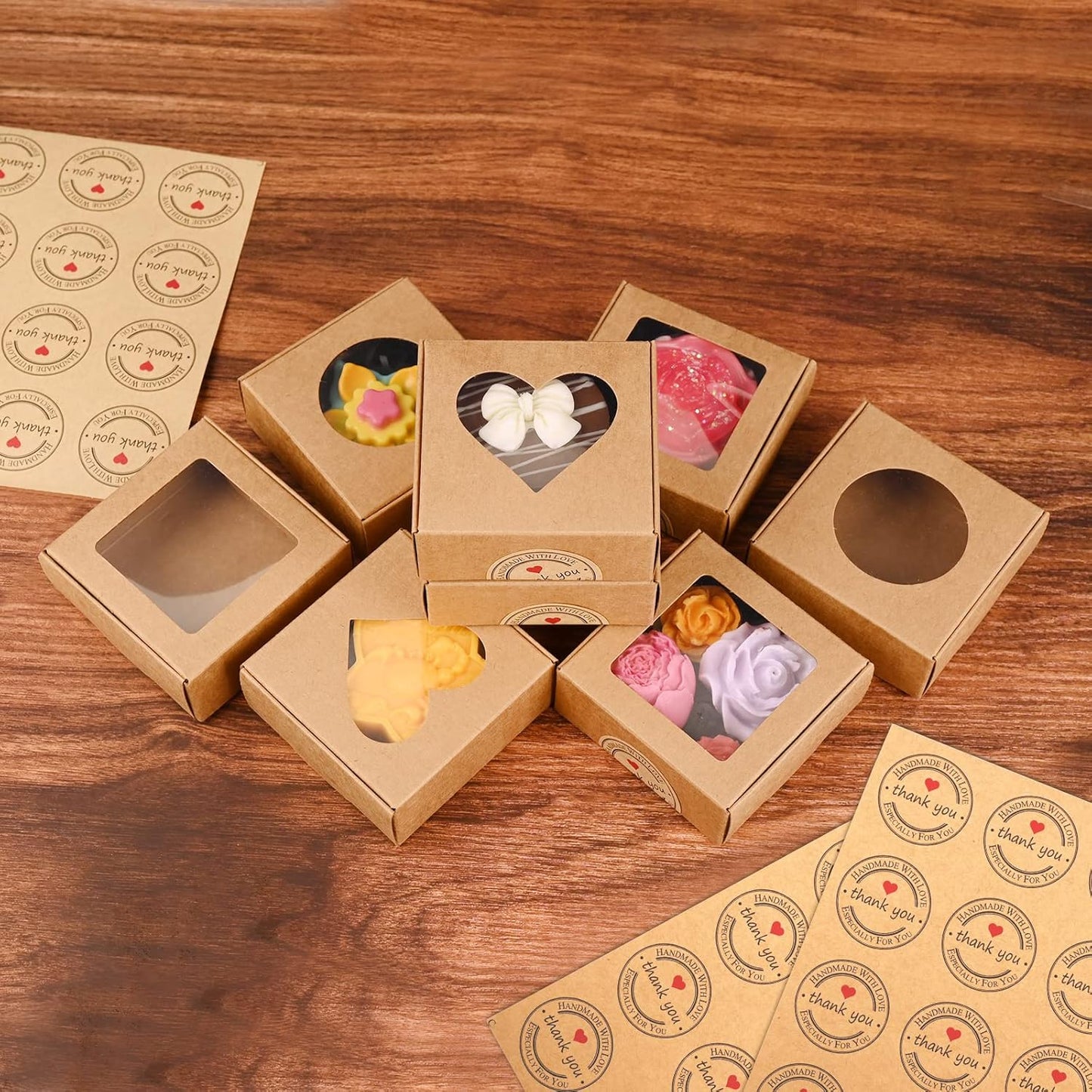Moukiween 30 PCS Brown Soap Boxes for Homemade Soap, 2.95 X 2.95X 1.18 Inch Packaging Gift Boxes with Window, Small Square Soap Wrapping Boxes (Brown)