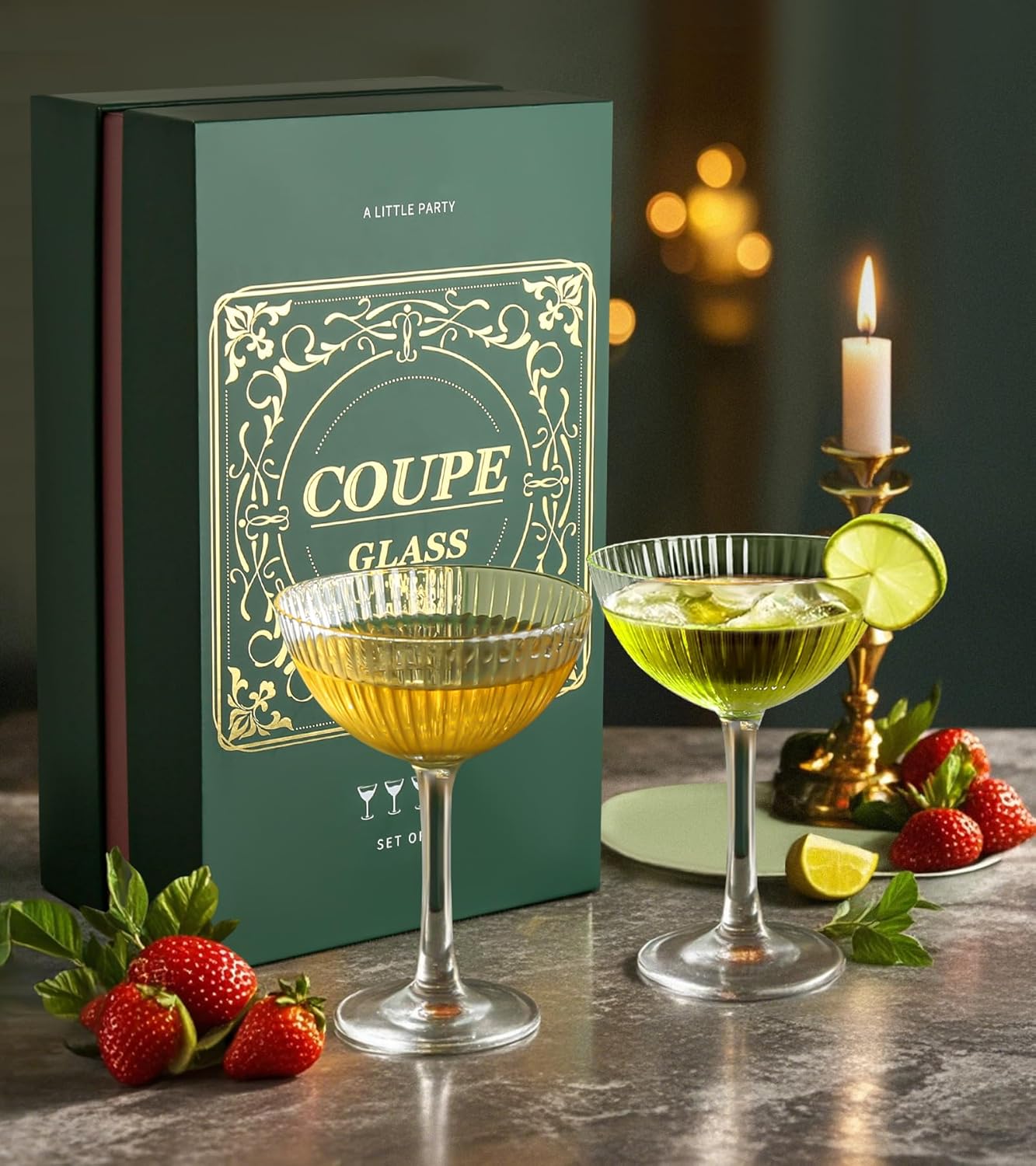 Coupe Glasses Set of 4, Ribbed Crystal Glass Cocktail Glasses with Luxury Box, 8oz Reusable Clear Hand Blown Martini Glasses for Drink, Martini, Espresso Martini, Home Bar, Christmas