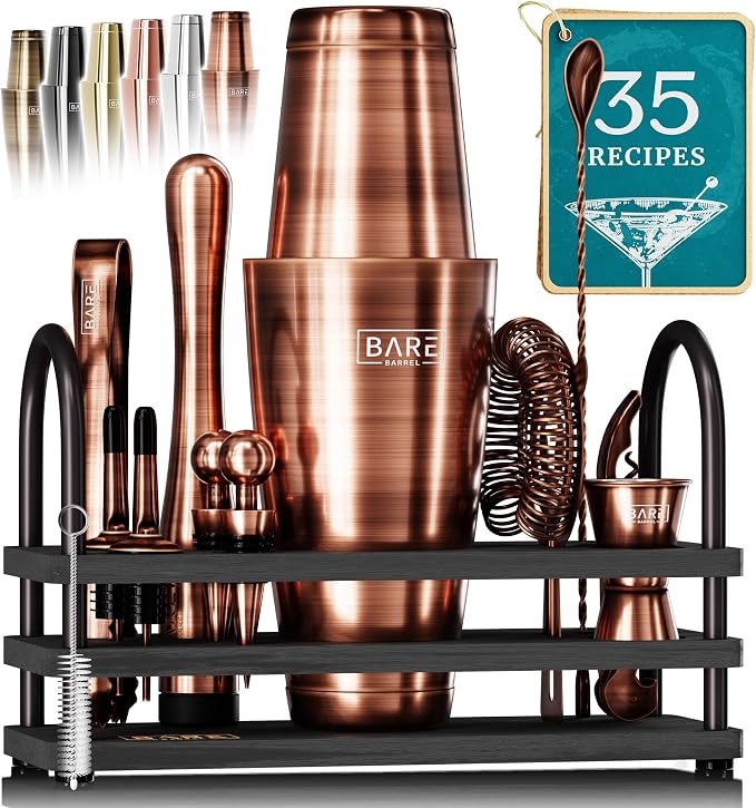 BARE BARREL® Mixology Bartender Kit Bar Set | 14-Piece Cocktail Shaker Set | Martini Barware Mixing Tools for Home Bartending | 35 Recipe Cards | Gift Set (28oz Boston Shaker, Jet Black/Black) - Copper/Black