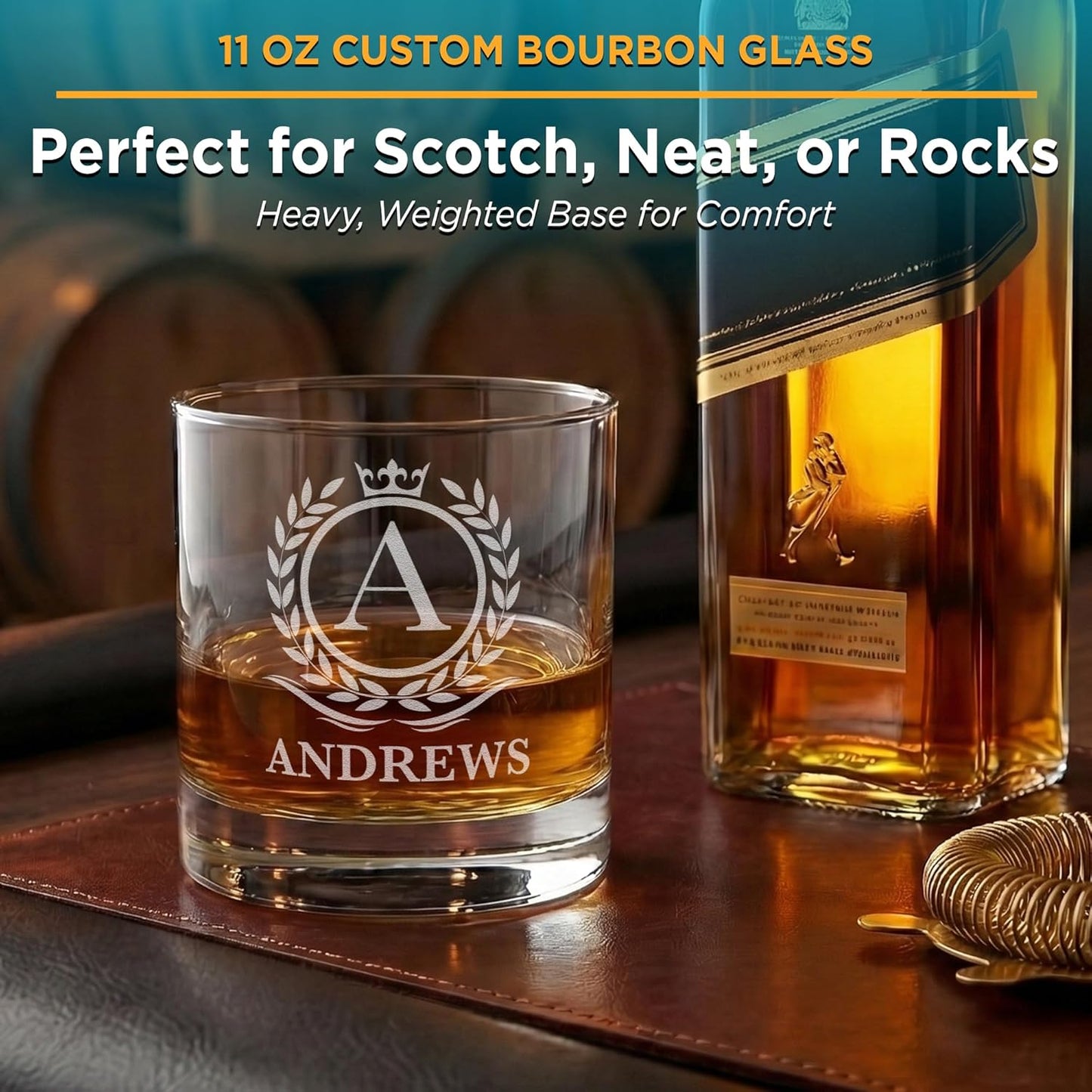 On The Rox Personalized Whiskey, Bourbon Glass Gifts for Men - 11 oz Engraved Name Monogram Scotch Tumbler Set of 4 - Customized Cocktail, Rocks, Brandy Glass Drinks