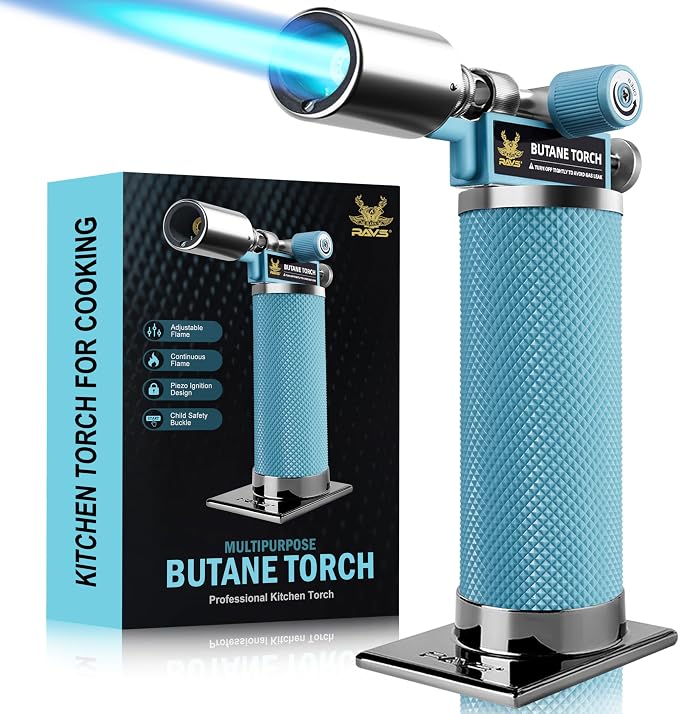 RAVS Butane Torch Lighter, Premium Metal Kitchen Torch, Black - Glacier Blue