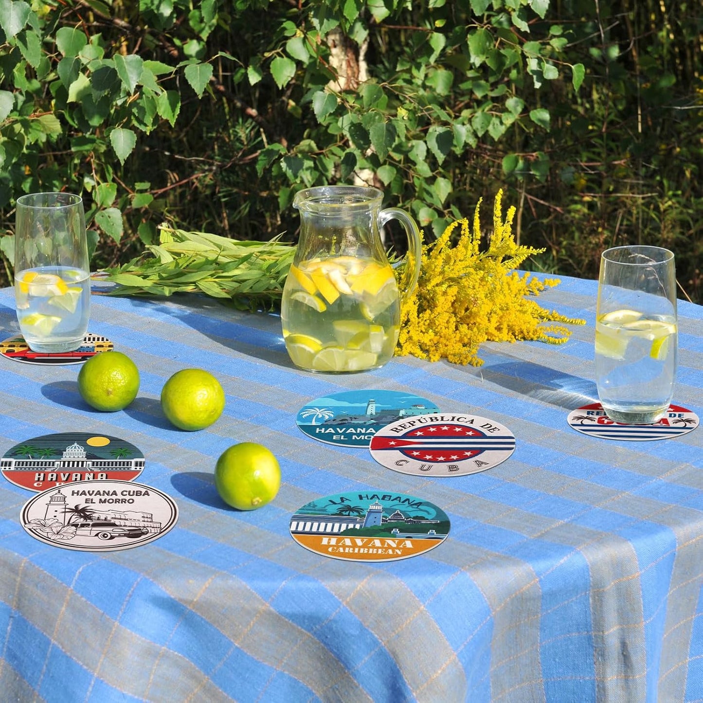 FoldTier Set of 48 Havana Print Disposable Paper Drink Coasters for Bar Bulk 4 Inch Round Cup Beer Coasters Absorbent for Havana Nights Party Supplies Summer Hawaii Tropical Table Decoration