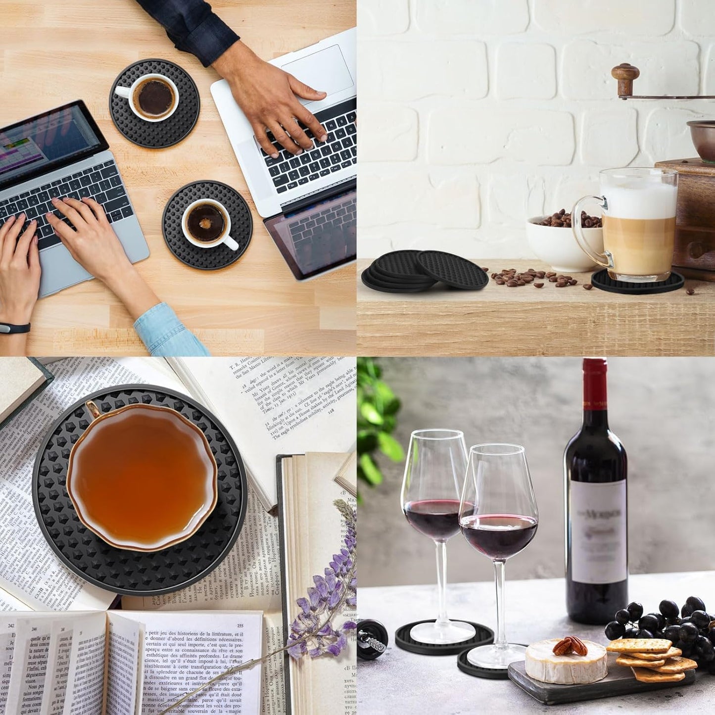 Eccliy 48 Pack Silicone Coasters for Drinks Nonslip Silicone Drink Coasters Cold Hot Heat Resistant for Table Tabletop Coffee Bar (Black)
