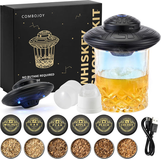 ComboJoy Electric Whiskey Smoker Kit with LED – 6 Flavors Wood Chips, Whiskey Glass & Ice Cube Mold – Rechargeable Cocktail Smoker, Old Fashioned Bourbon Gifts for Men, Dad, Husband -Grey - Black