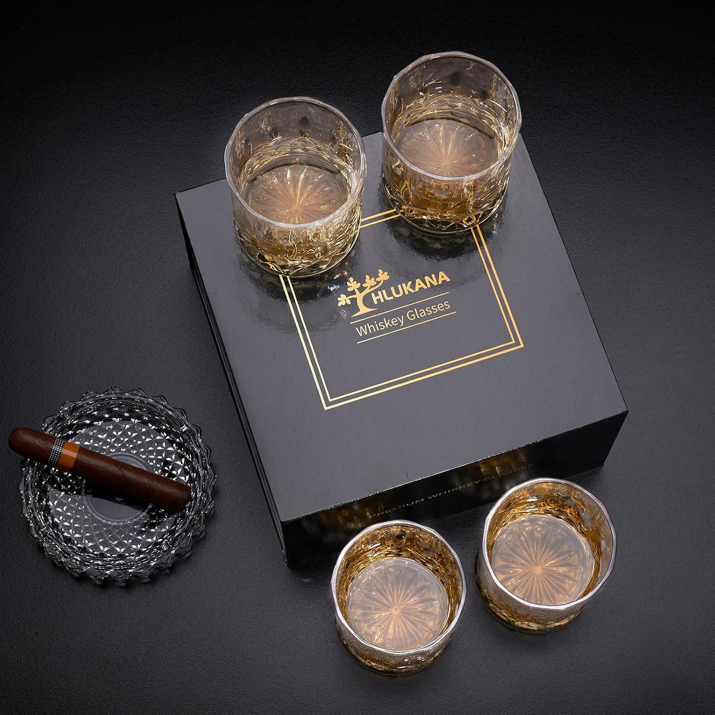 Hlukana Luxury Box Old Fashioned Whiskey Glasses Set of 4, 11 OZ Cocktail Glasses, Bourbon Rocks Scotch Glasses, Barware for Scotch Rum Vodka Liquor, Gifts for Men Father Grandfather Boss