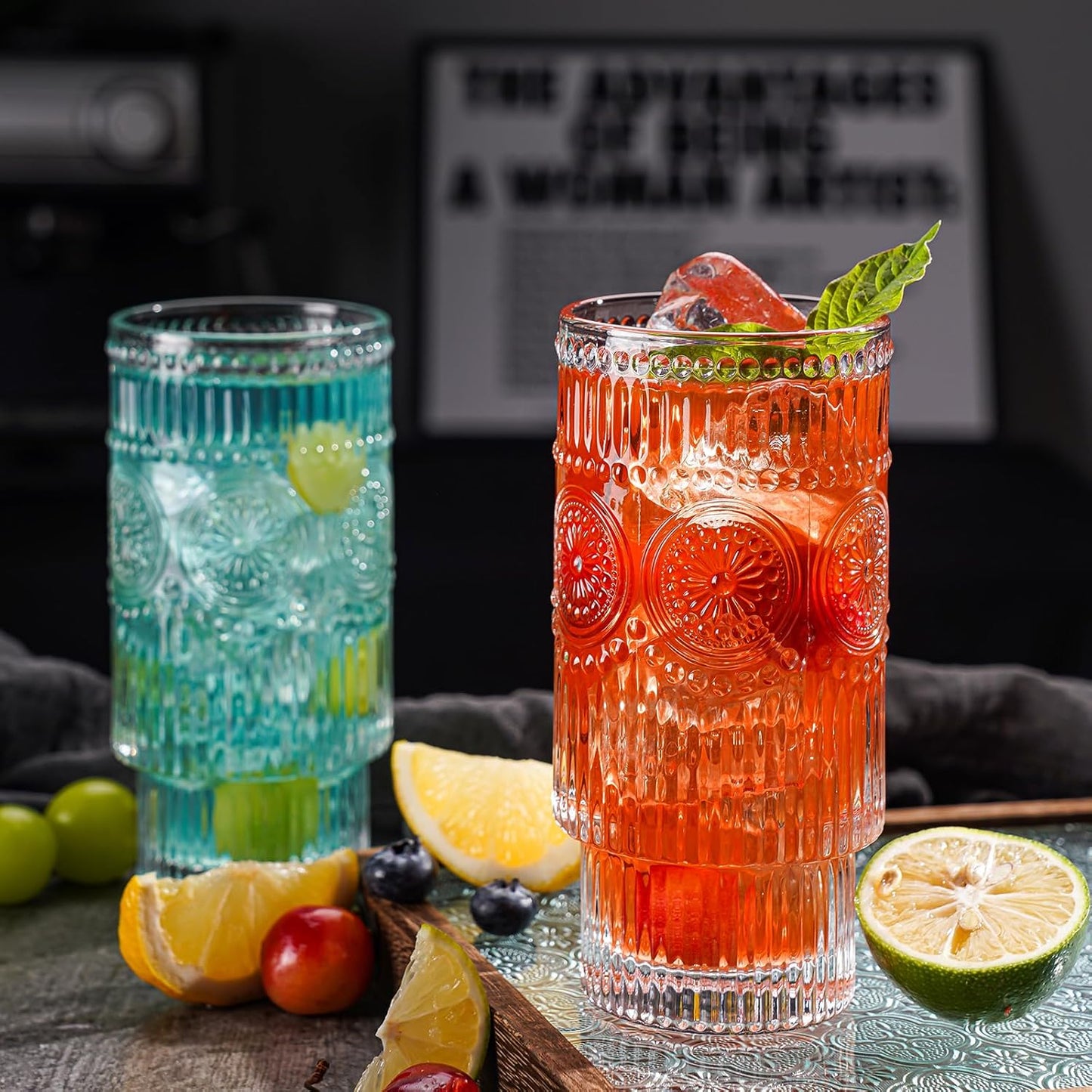 Embossed Designed Glasses, 8pcs Highball Glasses, 16oz Vintage Ribbed Striped Glassware for Cocktail, Whiskey, Juice