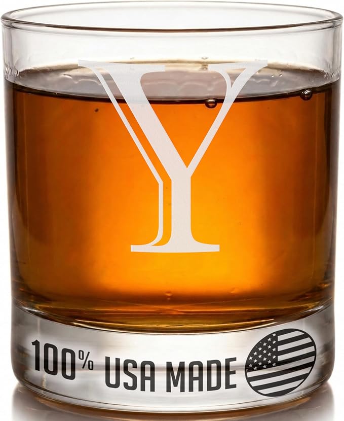 Etched Monogram 11oz Whiskey Rocks Glass (Letter J), A-Z Customized Bourbon Gifts for Men, Father’s Day, Personalized Old Fashioned Scotch Glass, Custom Engraved Gifts for Him, Initial, Name - Clear Etch Y