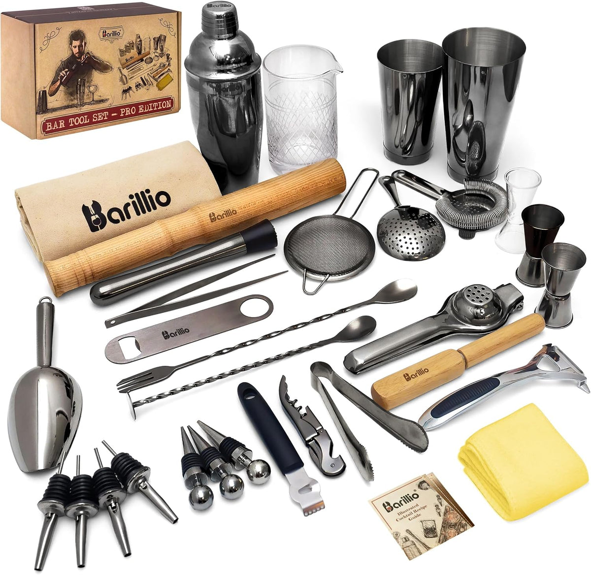Barillio Bar Tool Set Pro Edition - Stainless-Steel Cocktail Shaker Set - Mixology Bartender Kit w/Boston Shaker, Drink Mixer & Muddler for Cocktails - Home Bar Accessories - 32-Pc Bar kit - Black
