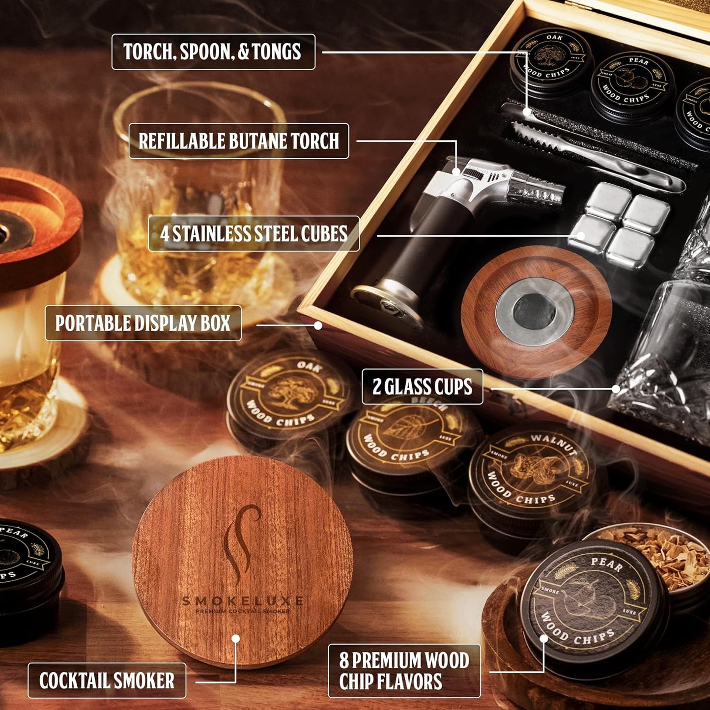 Whiskey Smoker Kit with 8 Wood Chip Flavors - Premium Bourbon Smoker Kit Set with Glasses, Stainless Steel Ice Cubes, Refillable Torch Lighter & Custom Wood Box - Birthday Gifts for Men