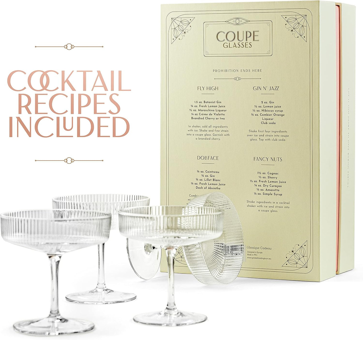 Vintage Art Deco Coupe Glasses | Set of 4 | 7 oz Classic Cocktail Glassware for Champagne, Martini, Manhattan, Cosmopolitan, Sidecar | Crystal Speakeasy Style Saucer Goblets with Stems
