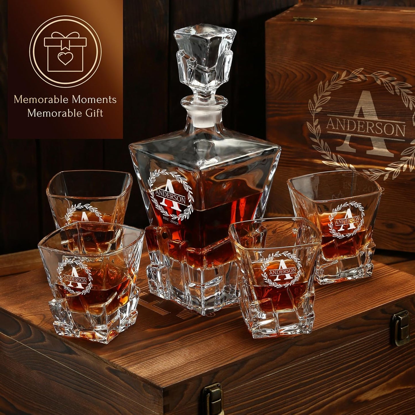 Personalized Whiskey Decanter Set with Optional Rocks Glasses – Custom 25 oz / 750ml Bourbon Decanter, 4 Engraving Options, Customized in USA, Valentine's Day, Birthday & Any Occasion Gift for Men