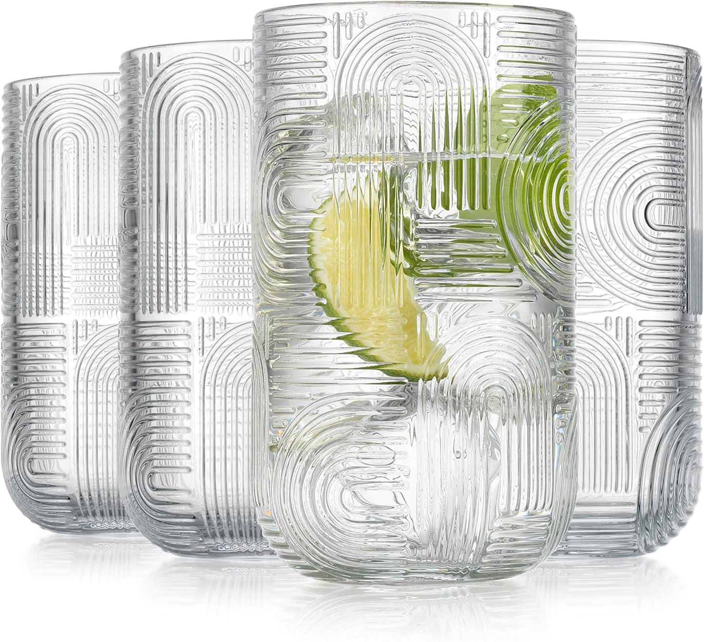 Glaver's Drinking Glasses, Highball Glasses, 17 Ounce Thick Embossed Designed, Set of 4 Clear Kitchen Glassware For Everyday Elegant Serving Coolers, Urban Pattern Modern Drinking Glasses