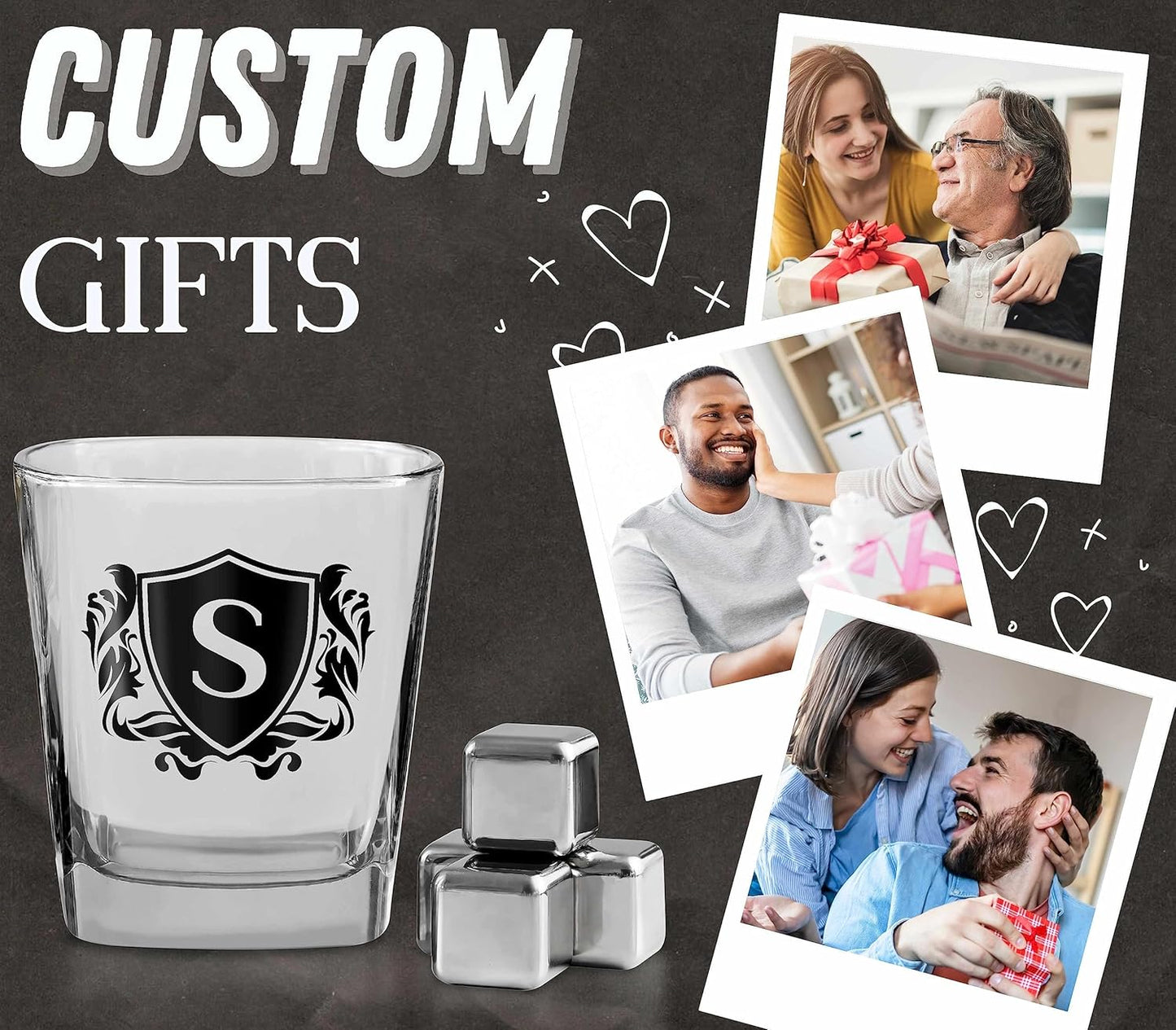 Whisky Gifts for Men, Personalized Initial Whiskey Glass with Whiskey Stones for Dad, Boyfriend, Best Friends, Coworkers, Husband, Brother, Uncle and Boss on Father's Day, Boss Day and Birthday - S