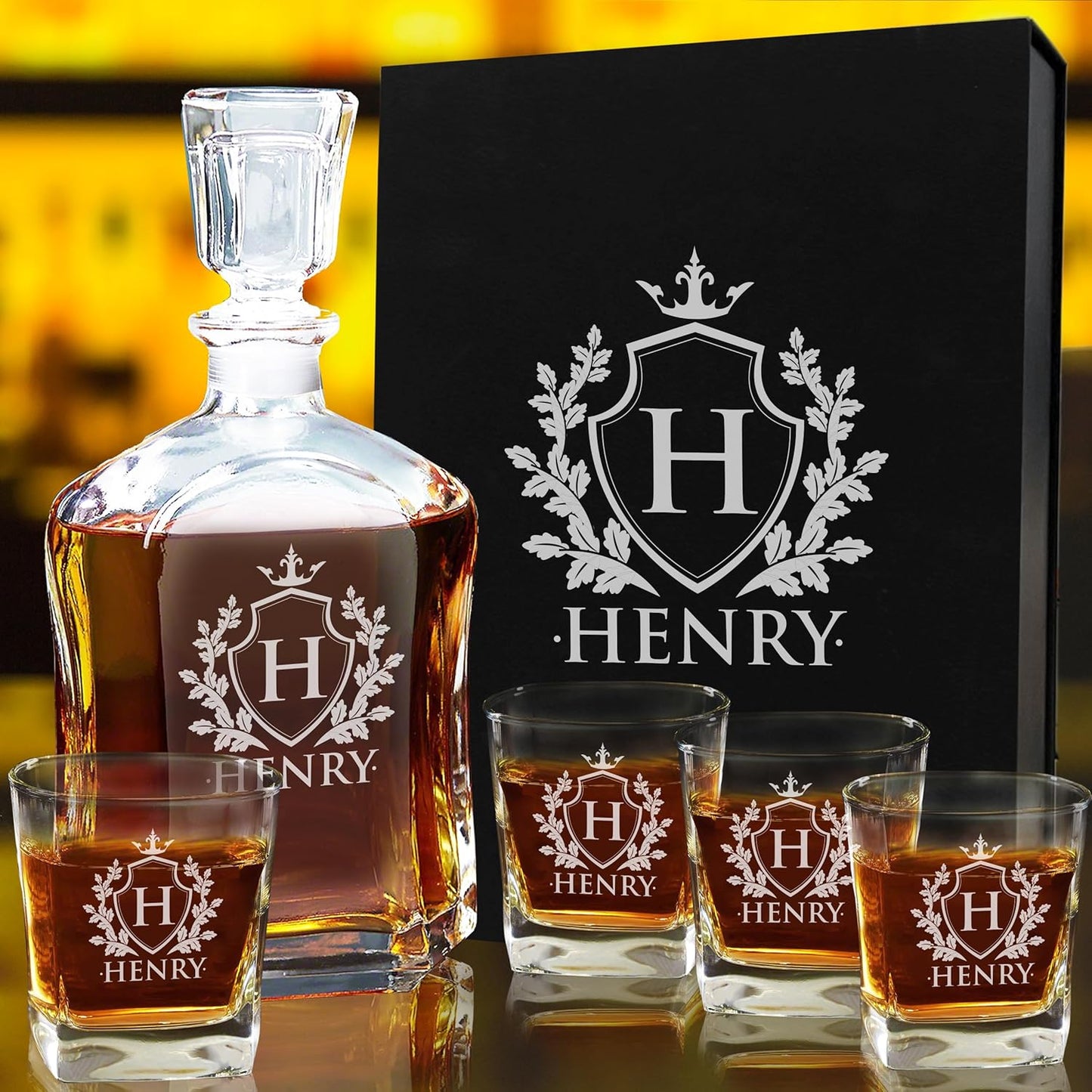 My Personal Memories, Personalized 5 pc Whiskey Decanter Set - Decanter and 4 Glasses Gift Set - Custom Engraved with Name and Initial (Shield Design)
