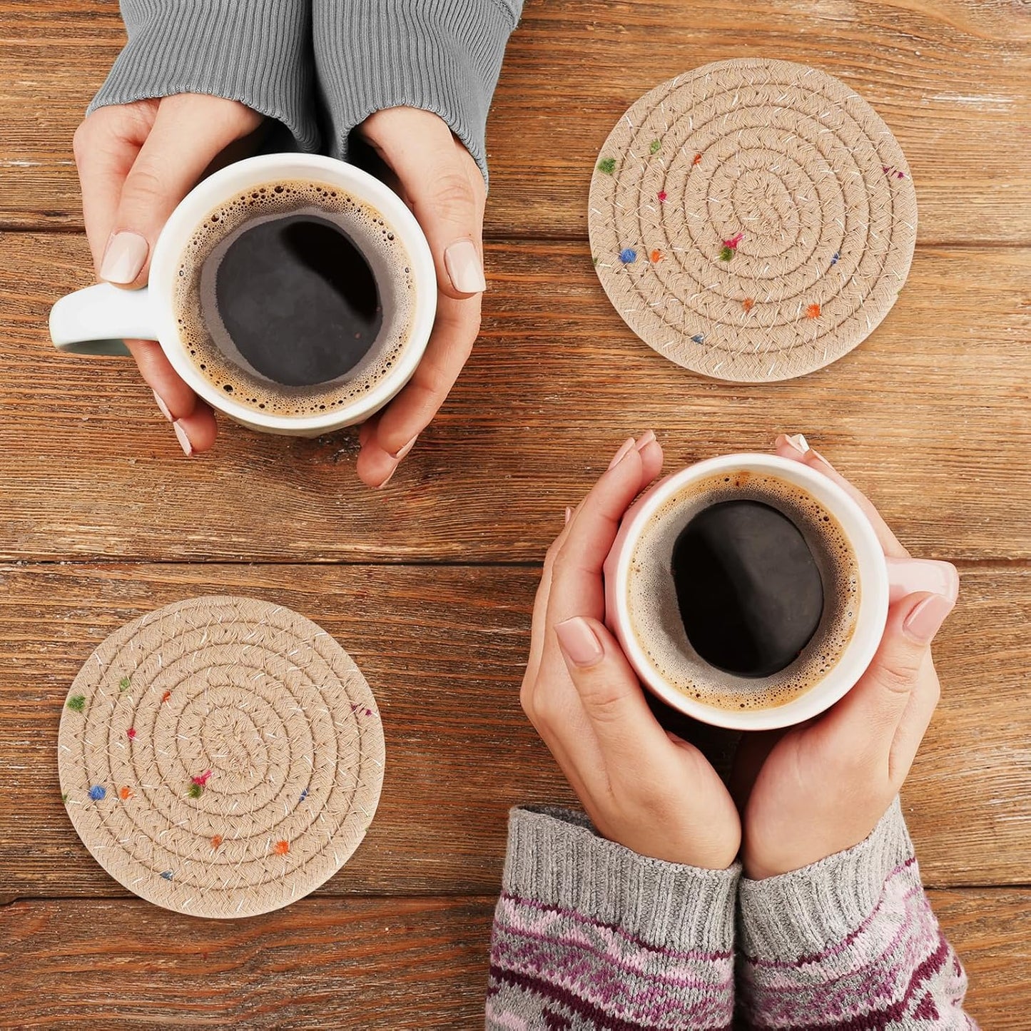 8pcs Handmade Cotton Woven Coasters Set with Holder, Super Absorbent Coasters for Coffee Table Protection, Home Decor