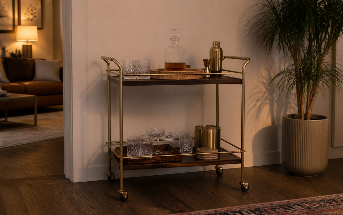 Wide establishing shot of a home bar cart in evening light, warm palette of amber, brass and dark wood against an off-white…