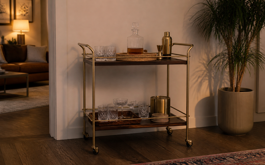 Wide establishing shot of a home bar cart in evening light, warm palette of amber, brass and dark wood against an off-white…