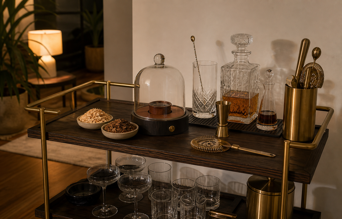 A home bar cart in evening light, warm palette of amber, brass and dark wood against an off-white wall, soft shadows…