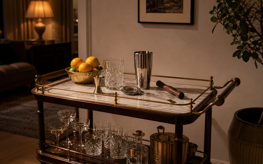 Wide establishing shot of a home bar cart in evening light, a full bartender kit laid out on the cart's marble top: jigger…