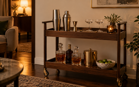 Editorial photograph, wide establishing shot, 16:10: a dark wood home bar cart in evening light against an off-white wall, a…