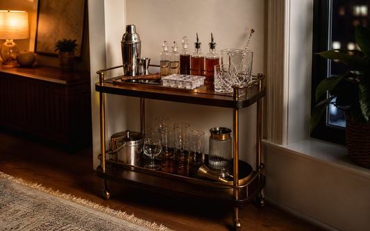 A home bar cart in evening light with a Boston shaker, jigger, muddler, and a clear ice mold arranged on the top shelf…