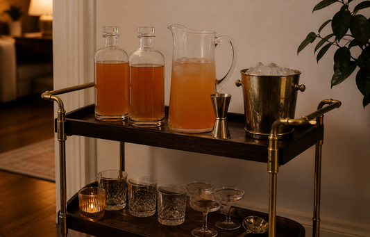 Wide establishing shot of a home bar cart in evening light, two glass batch bottles and a pitcher lined up next to a jigger…