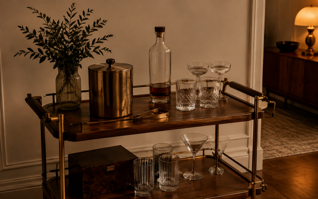 Wide establishing shot of a home bar cart in evening light, an insulated ice bucket with a pair of tongs resting beside it…