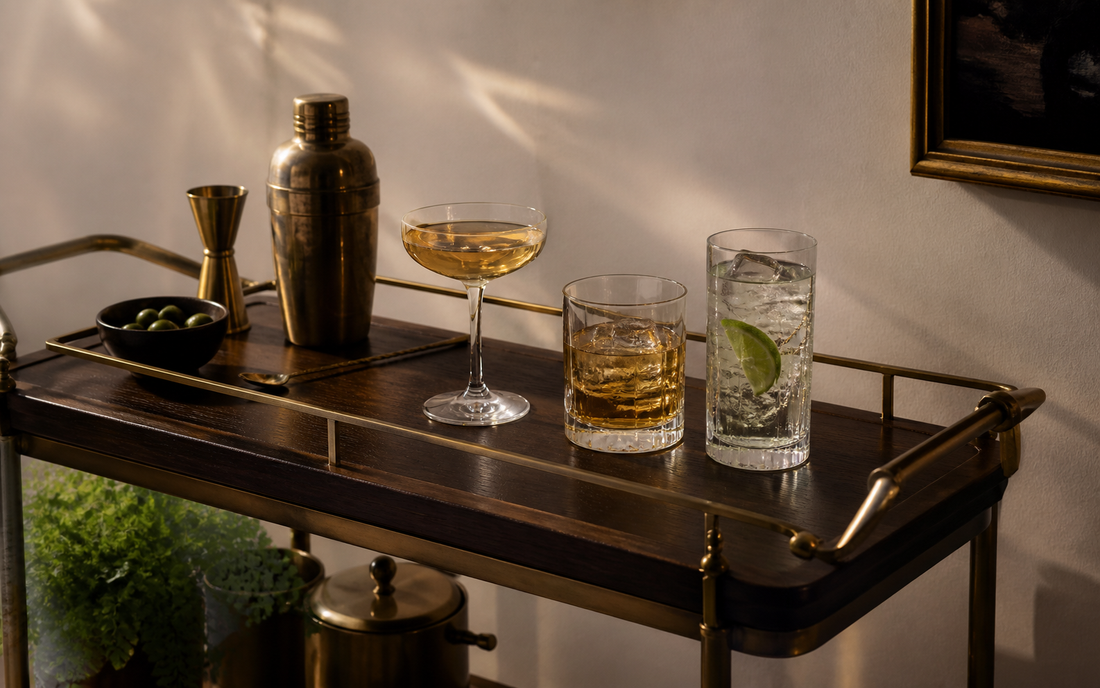 Wide establishing shot of a home bar cart in evening light, three types of glassware grouped together — a coupe, a rocks…