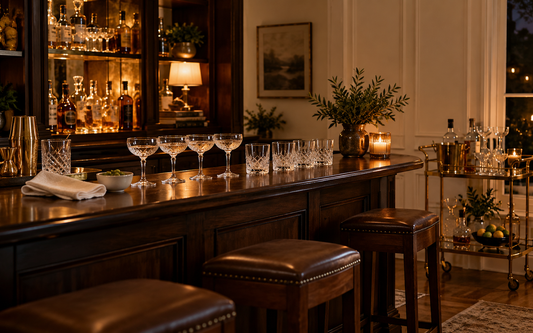 16:10: a dark wood home bar counter in evening light with a brass-trimmed bar cart beside it, a row of clear cocktail coupes…