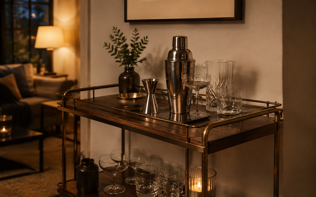 Wide establishing shot of a home bar cart in evening light, warm amber, brass and dark wood palette against an off-white…