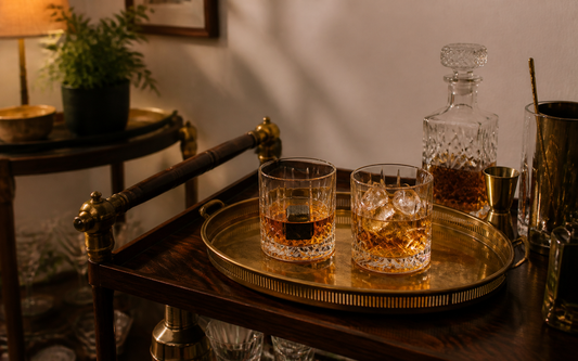A home bar cart in warm evening light: a rocks glass holding a single whiskey stone sits beside a second rocks glass filled…