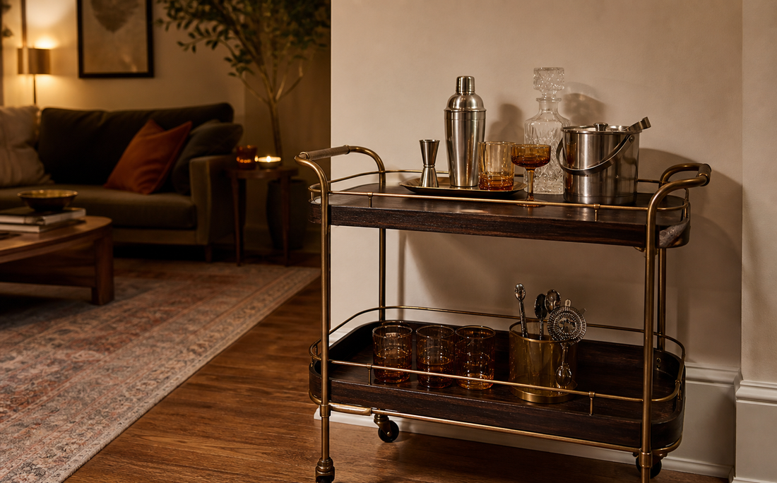 Wide establishing shot of a brass and dark wood bar cart in the corner of a warm-lit living room, holding a stainless boston…