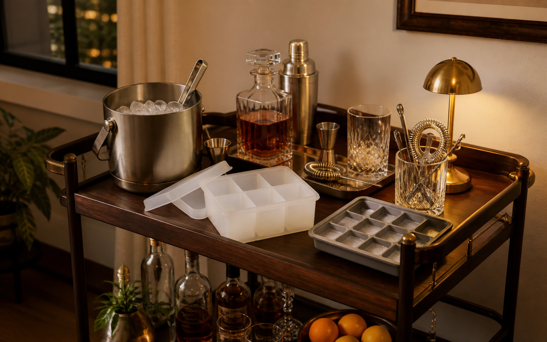A dark wood bar cart in warm evening light, amber and brass tones against an off-white wall, soft shadows, shallow depth of…