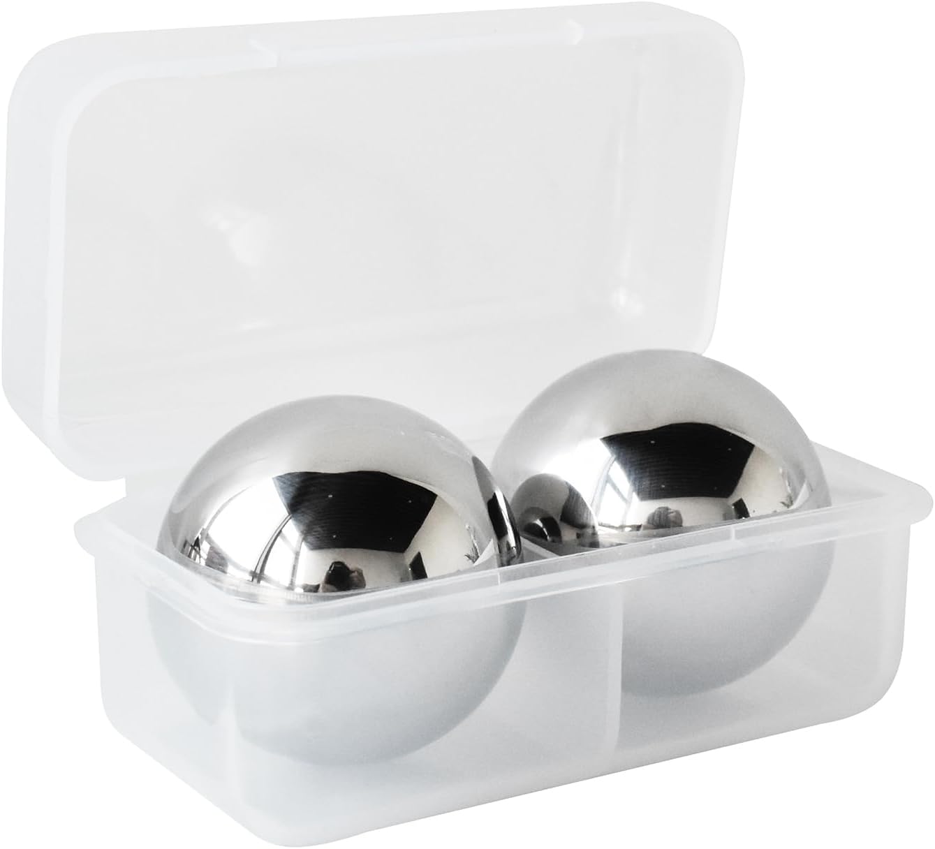 Outset Stainless Steel Ice Cube Spheres, Set of 2 Round Reusable Metal Whiskey Stones with Store Box, 1.57"
