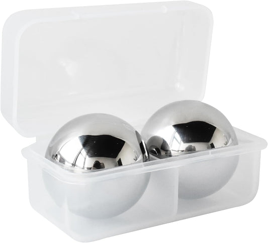 Outset Stainless Steel Ice Cube Spheres, Set of 2 Round Reusable Metal Whiskey Stones with Store Box, 1.57"