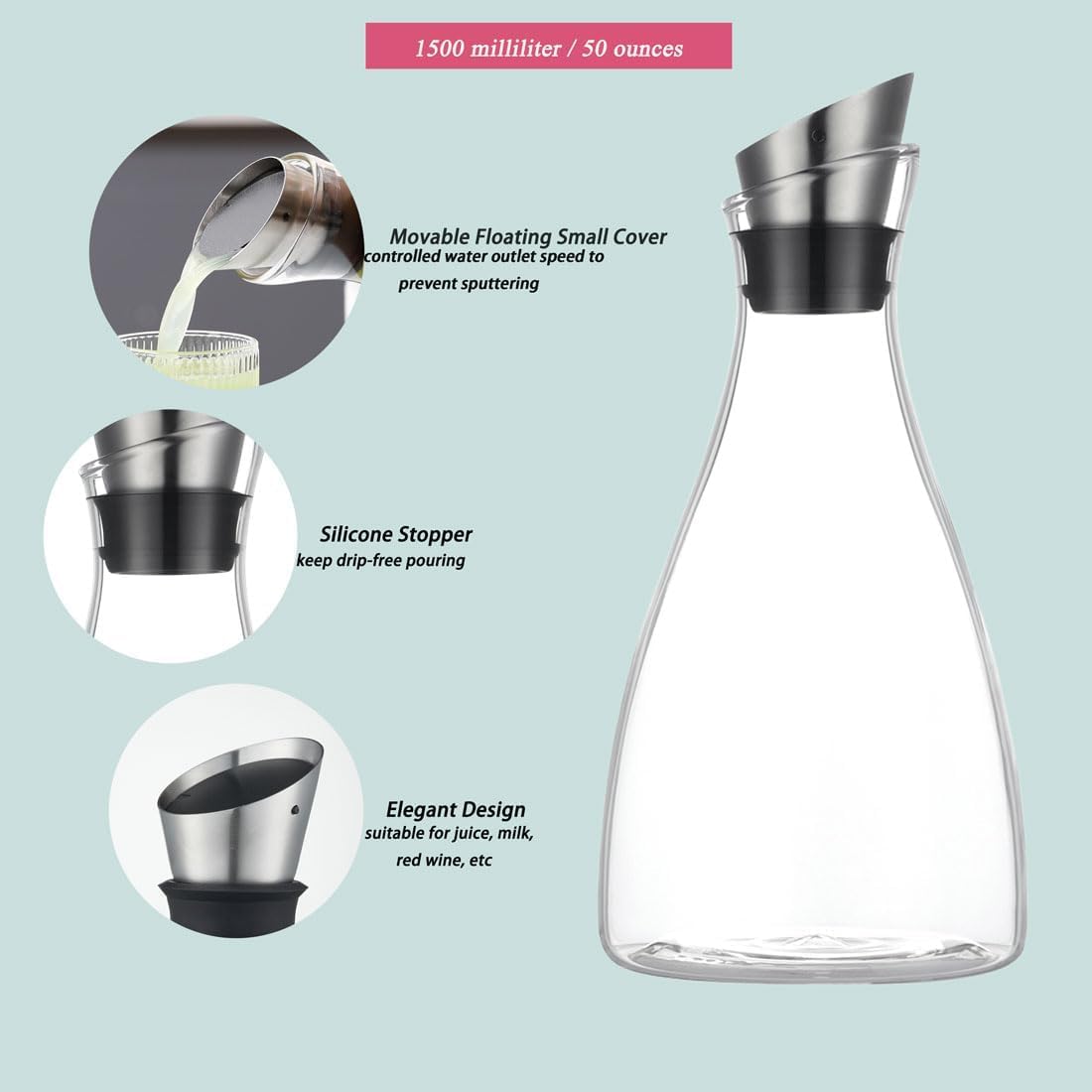 50 Ounces Borosilicate Glass Carafe with Lid, Glass Pitcher for Hot/Cold Water, Ice Tea and Lemonade Beverage